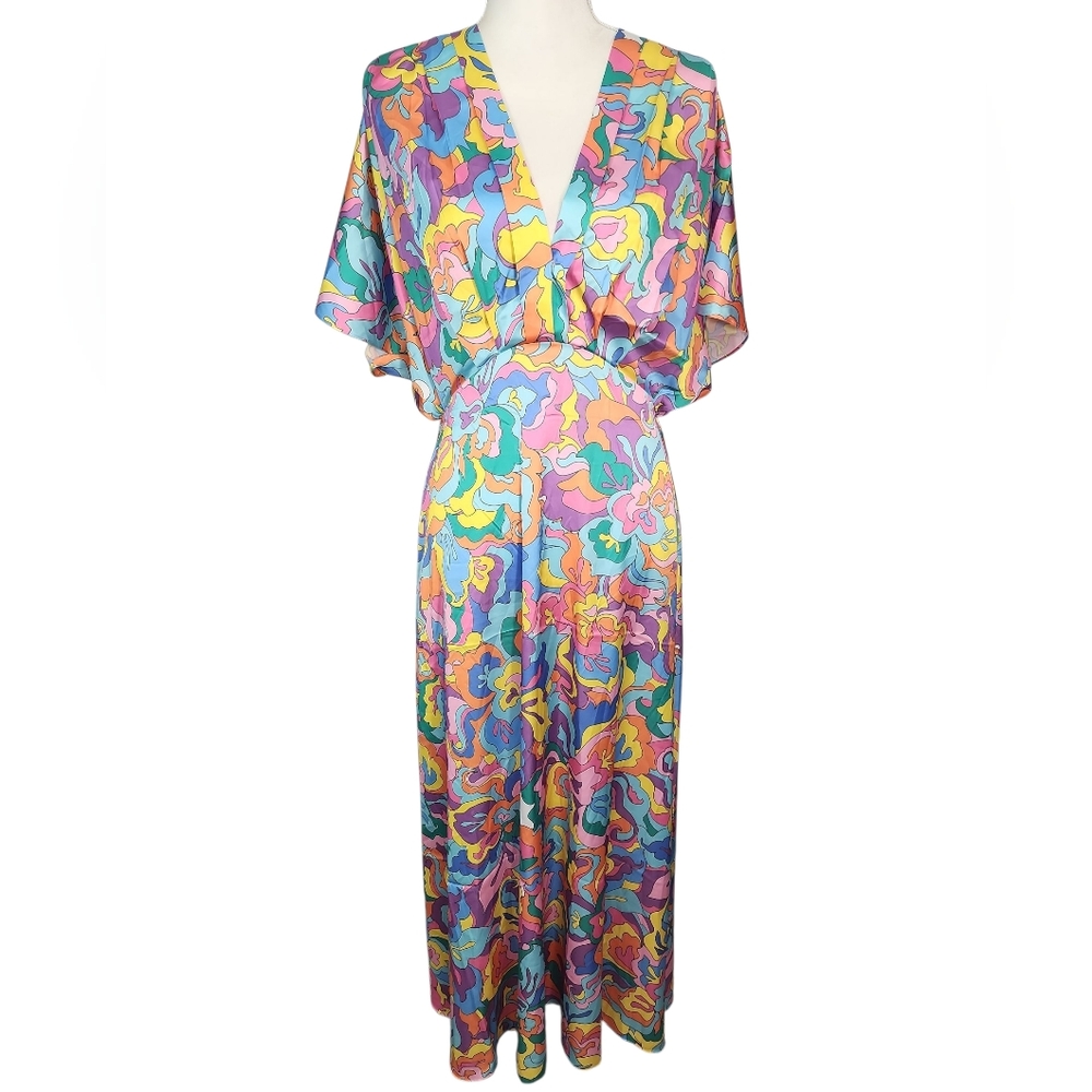 Boston Proper Abstract Sol Print V Neck Colorful Floral Maxi Dress. M - Picture 4 of 13